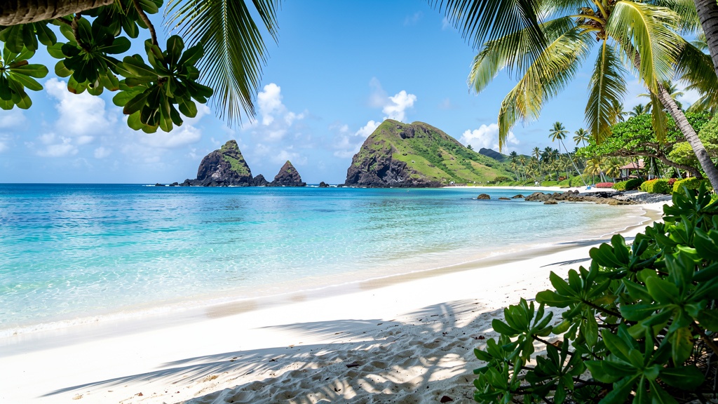 Pristine white sand beach in Hawaii with calm turquoise water