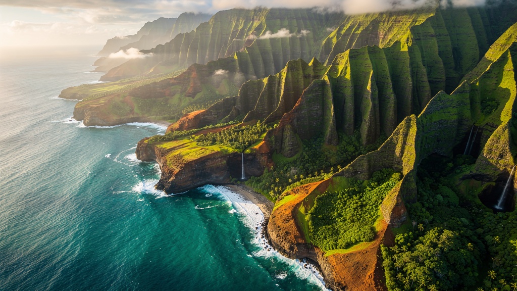 Na Pali Coast on Kauai with dramatic sea cliffs and turquoise ocean