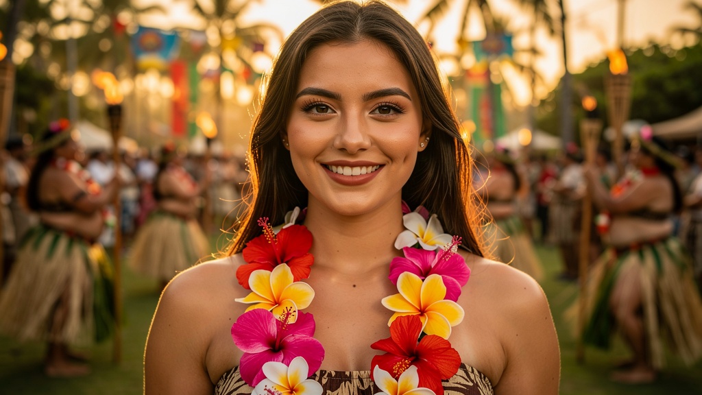 Young dark-haired woman wearing traditional Hawaiian flower lei at a cultural festival with warm smile