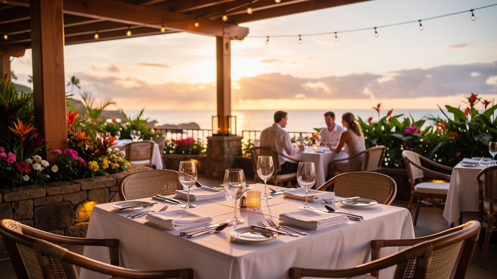 Elegant ocean-view restaurant in Hawaii with white tablecloths, tropical flowers and candles at sunset