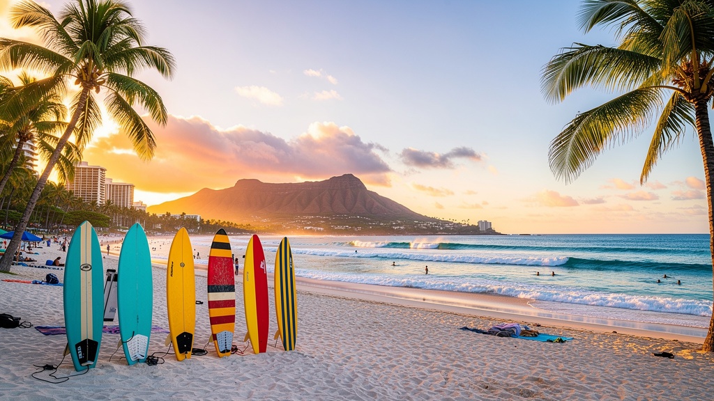 Waikiki Beach at golden hour with Diamond Head volcano in the background, surfboards and palm trees on white sand