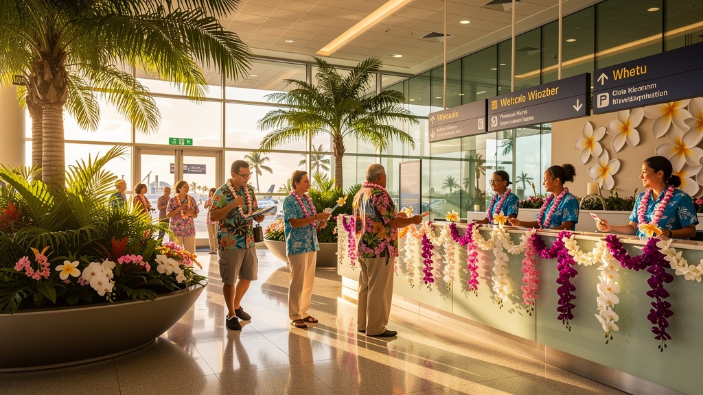 Honolulu airport terminal decorated with tropical flowers and leis welcoming arriving travelers