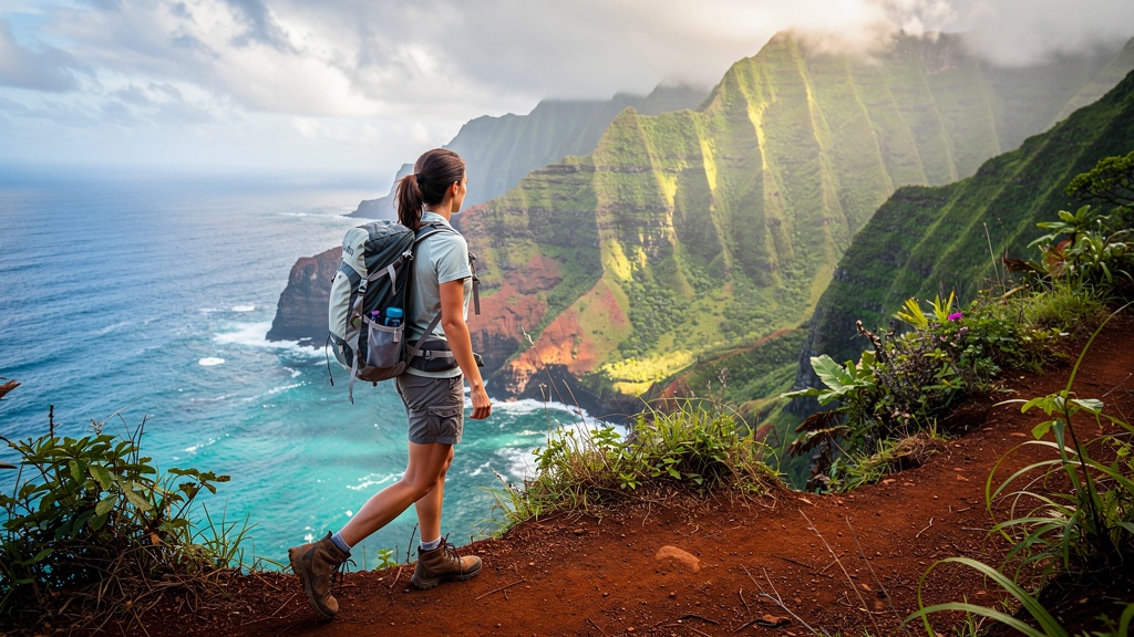 Young dark-haired woman hiking on Kalalau Trail in Kauai with dramatic ocean cliffs and green mountains